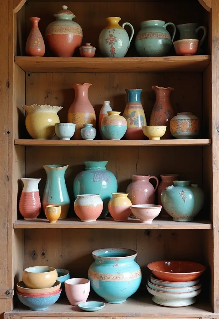 30 Rustic Living Room Cabinet Decor Ideas to Elevate Your Space - 7. Colorful Ceramics and Pottery 1