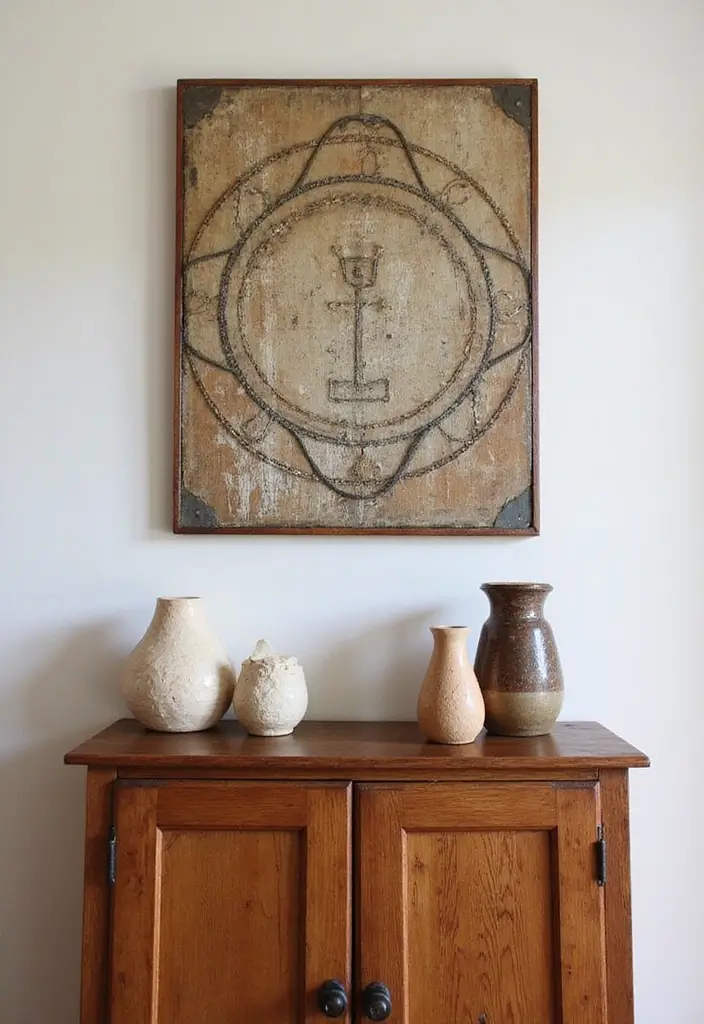 30 Rustic Living Room Cabinet Decor Ideas to Elevate Your Space - 9. Rustic Wall Art Above the Cabinet 1