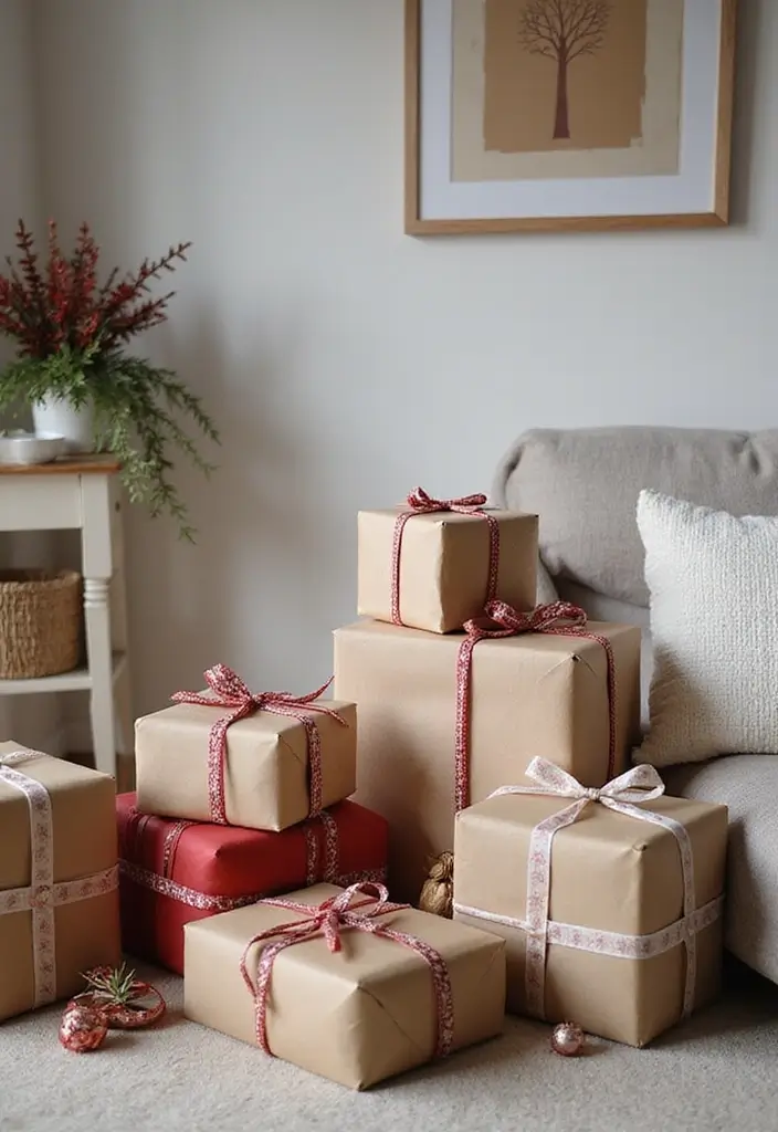30 Small Living Room Christmas Decor Ideas for a Minimalist Touch - 16. Minimalist Gift Displays 1