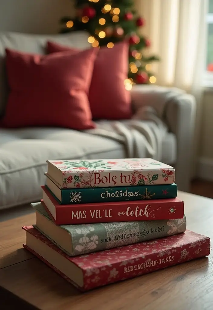 30 Small Living Room Christmas Decor Ideas for a Minimalist Touch - 19. Holiday-Themed Books 1