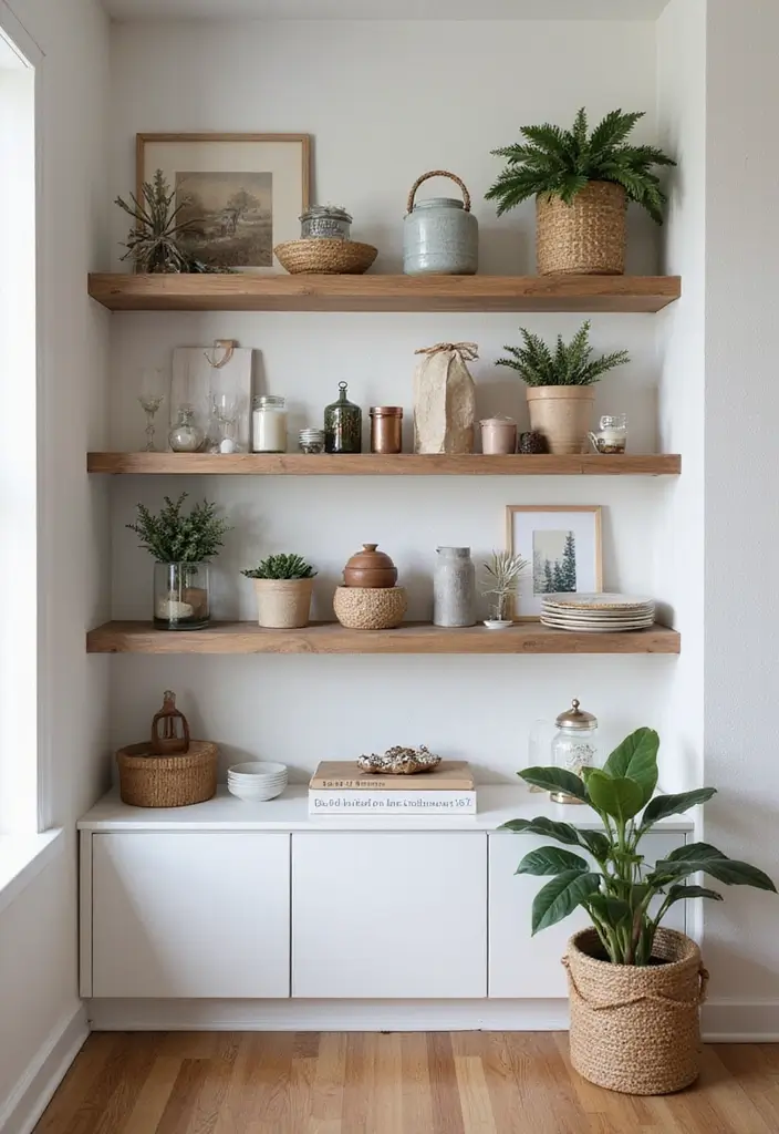 30 Small Living Room Christmas Decor Ideas for a Minimalist Touch - 23. Open Shelving Decor 1