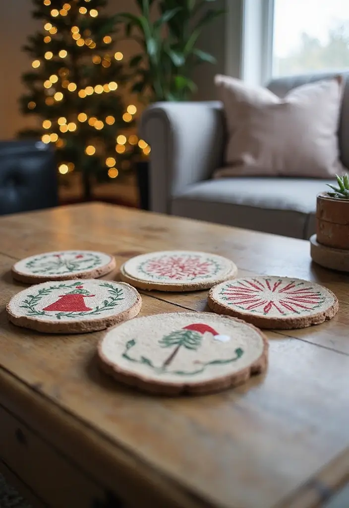 30 Small Living Room Christmas Decor Ideas for a Minimalist Touch - 24. Holiday-Themed Coasters 1