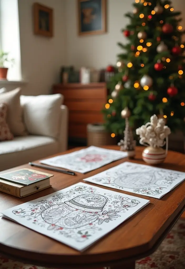 30 Small Living Room Christmas Decor Ideas for a Minimalist Touch - 30. Festive Coloring Books 1
