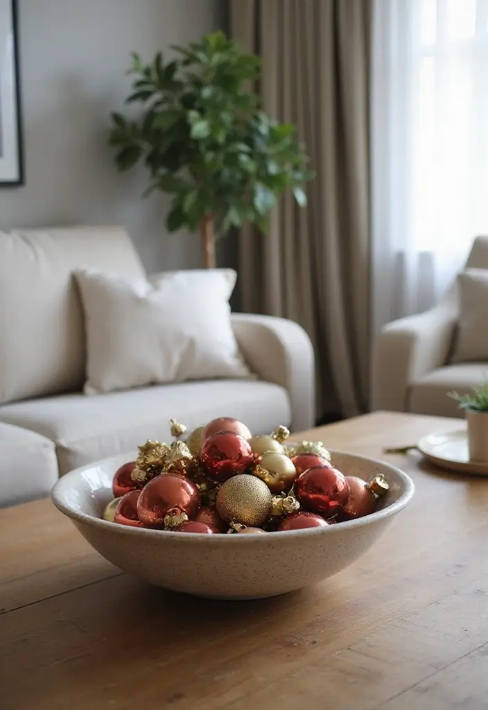 30 Small Living Room Christmas Decor Ideas for a Minimalist Touch - 8. Creative Ornament Displays 1