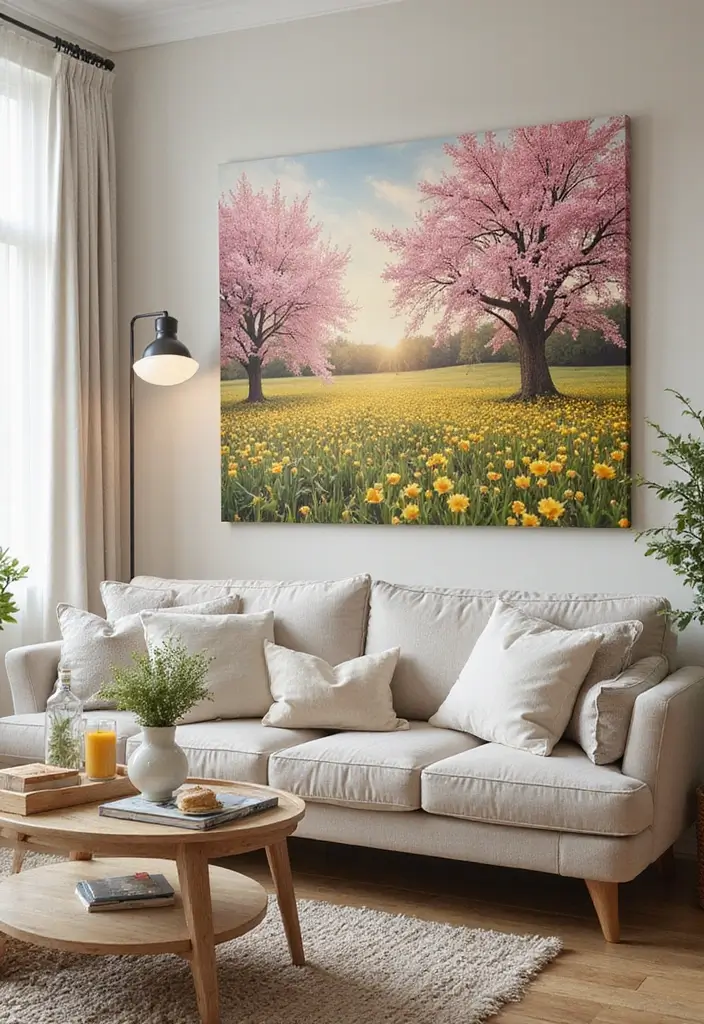 30 Spring Living Room Decor Ideas to Refresh Your Home - 13. Seasonal Artwork 1