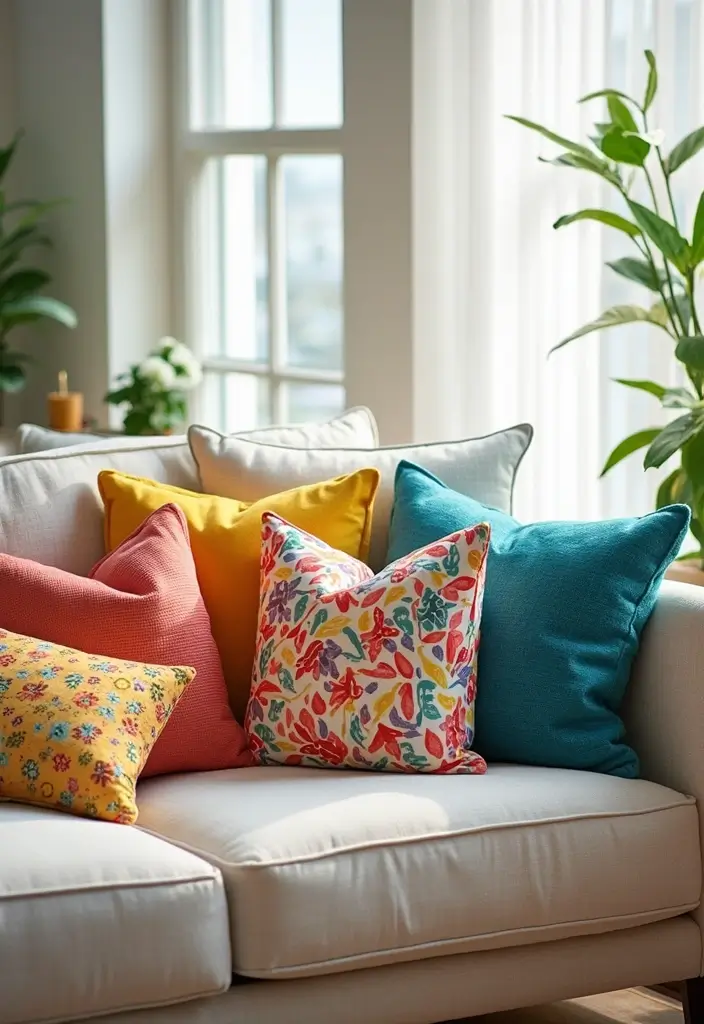 30 Summer Living Room Decor Ideas for Bright Spaces - 11. Colorful Throw Pillows 1
