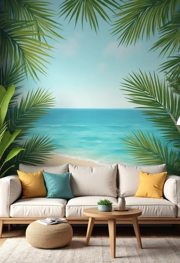 30 Summer Living Room Decor Ideas for Bright Spaces - 14. Fun Wall Murals 1