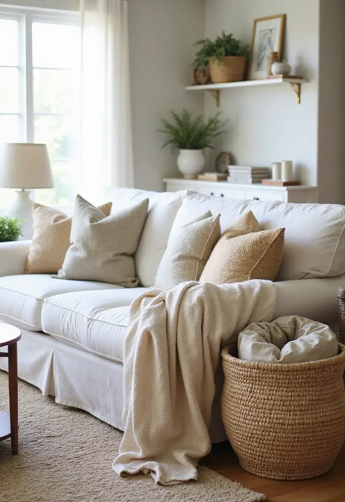 30 Summer Living Room Decor Ideas for Bright Spaces - 22. Use Decorative Baskets 1