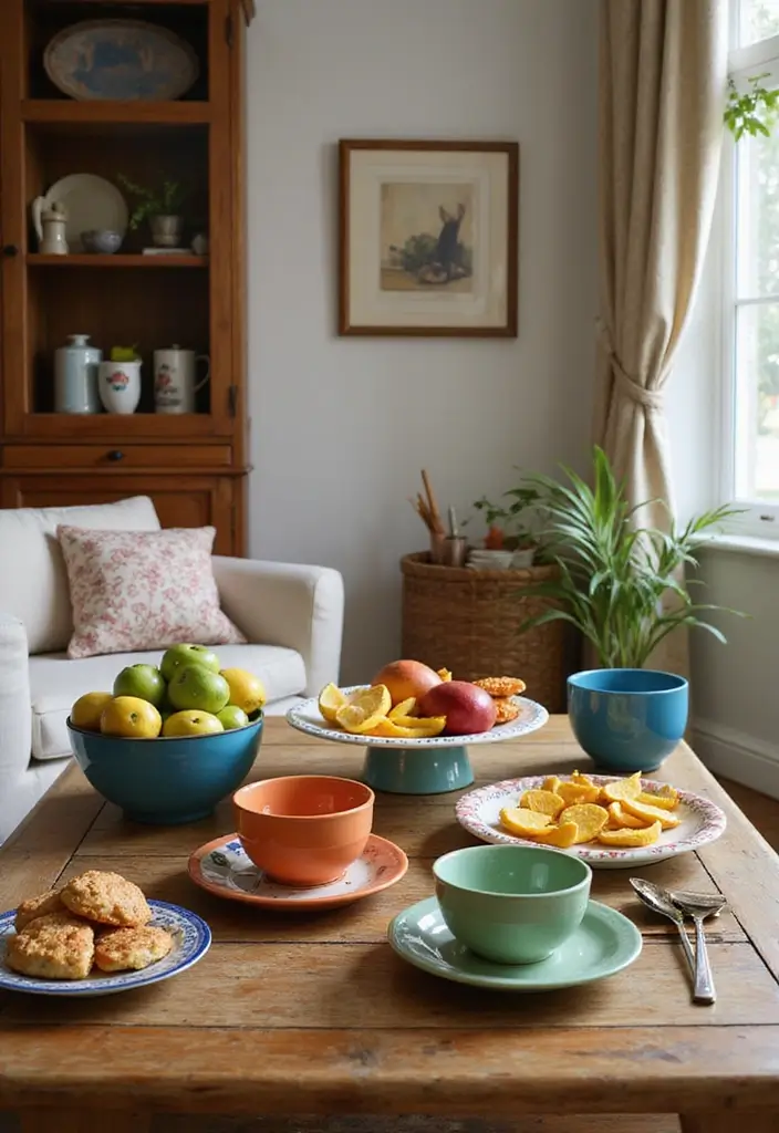 30 Summer Living Room Decor Ideas for Bright Spaces - 25. Use Bright Dishware 1