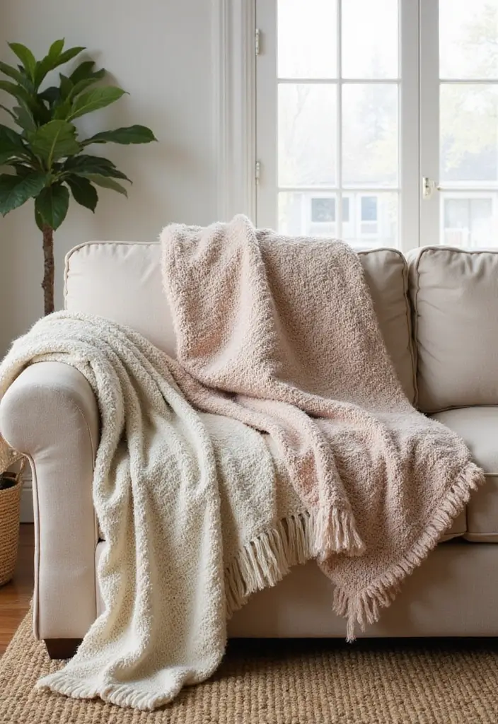 30 Summer Living Room Decor Ideas for Bright Spaces - 6. Cozy Textured Throws 1