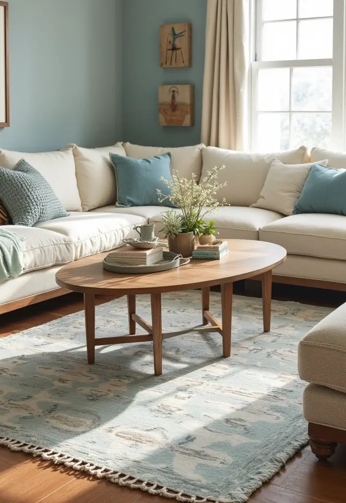 30 Summer Living Room Decor Ideas for Bright Spaces - 8. Coastal-Inspired Rugs 1