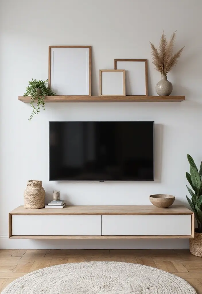 30 TV Wall Decor Ideas for Modern Living Rooms - 1. Floating Shelves and Minimalist Frames 1
