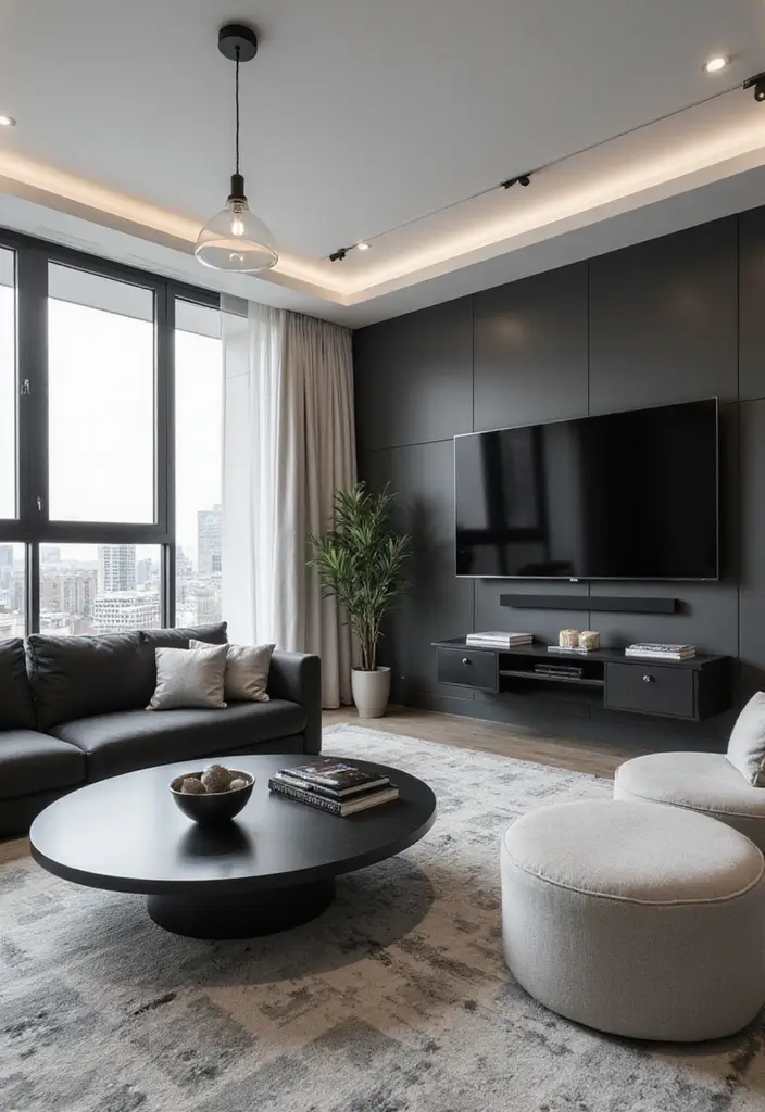 30 TV Wall Decor Ideas for Modern Living Rooms - 12. Monochrome Magic 1