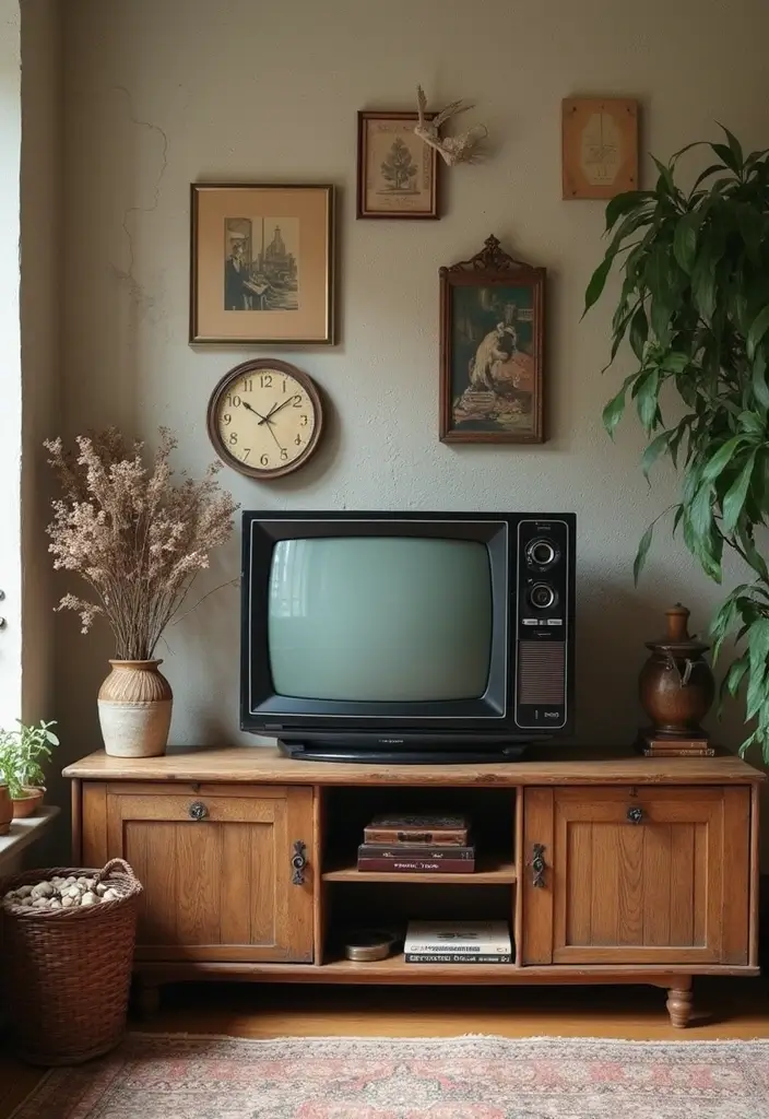 30 TV Wall Decor Ideas for Modern Living Rooms - 15. Vintage Finds Revamped 1