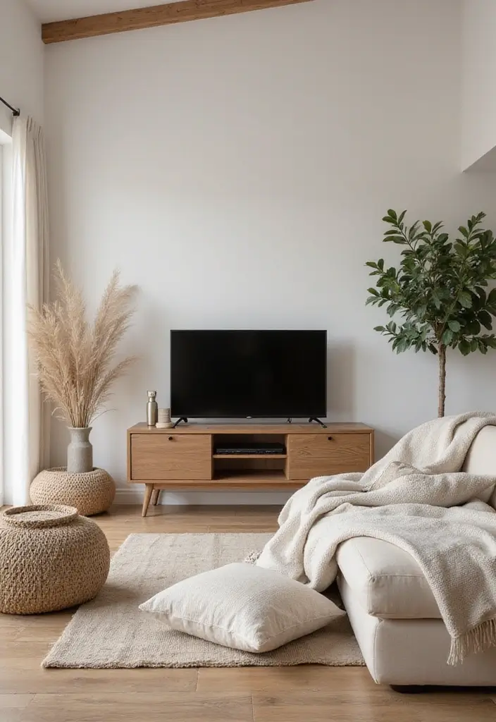 30 TV Wall Decor Ideas for Modern Living Rooms - 21. Neutral Textiles 1