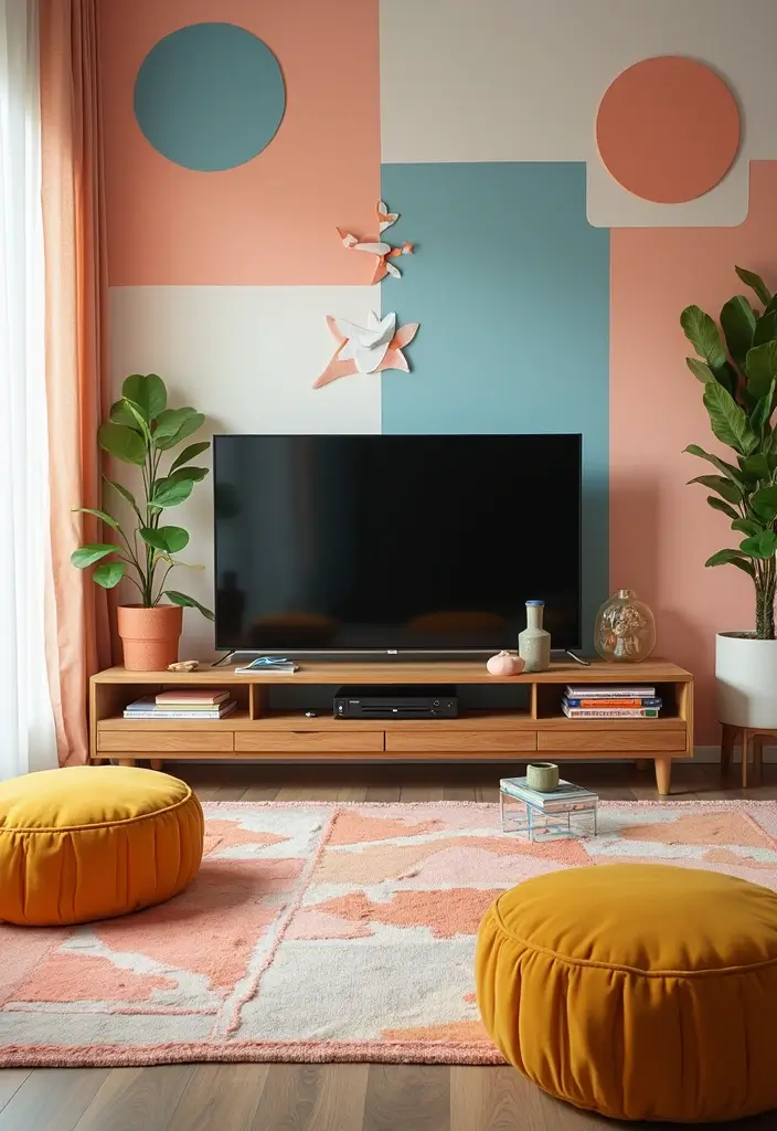 30 TV Wall Decor Ideas for Modern Living Rooms - 26. Playful Patterns on Walls 1