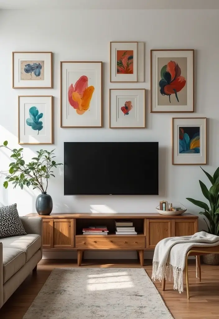 30 TV Wall Decor Ideas for Modern Living Rooms - 29. Easy-to-Change Wall Art 1