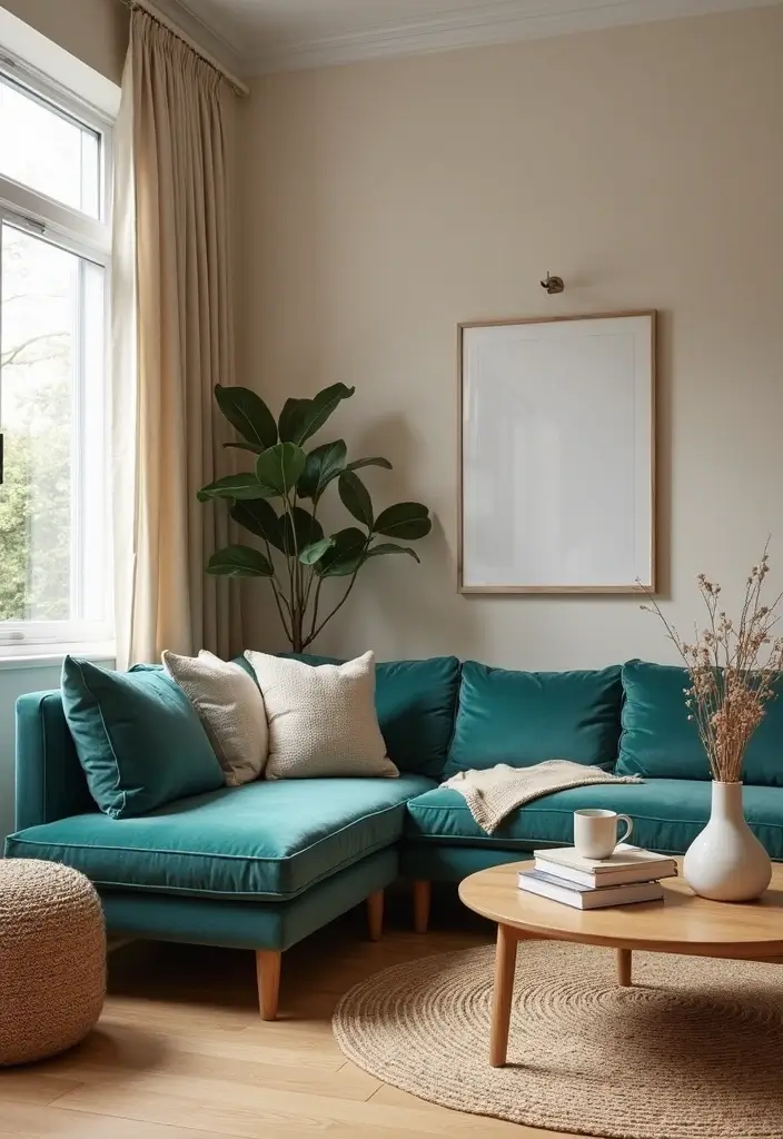 30 Teal Sofa Living Room Decor Ideas - 1. Pair with Warm Neutrals 1