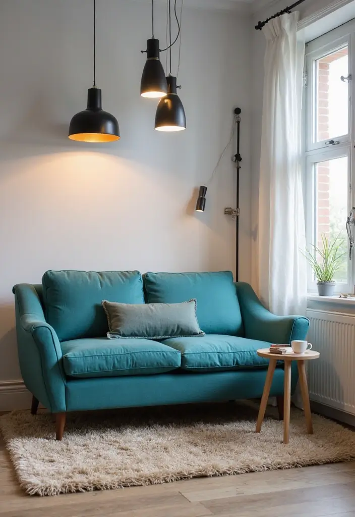 30 Teal Sofa Living Room Decor Ideas - 10. Statement Lighting 1