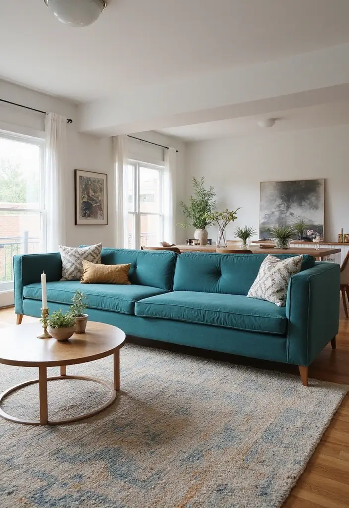 30 Teal Sofa Living Room Decor Ideas - 12. Open Space Layout 1
