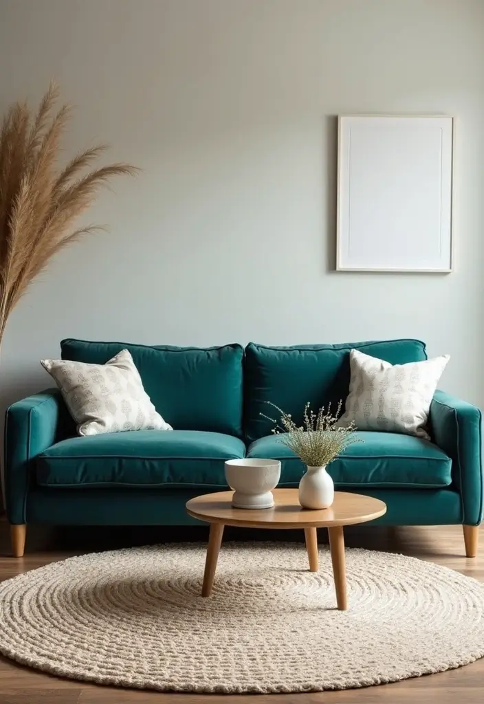 30 Teal Sofa Living Room Decor Ideas - 13. Layered Rugs 1