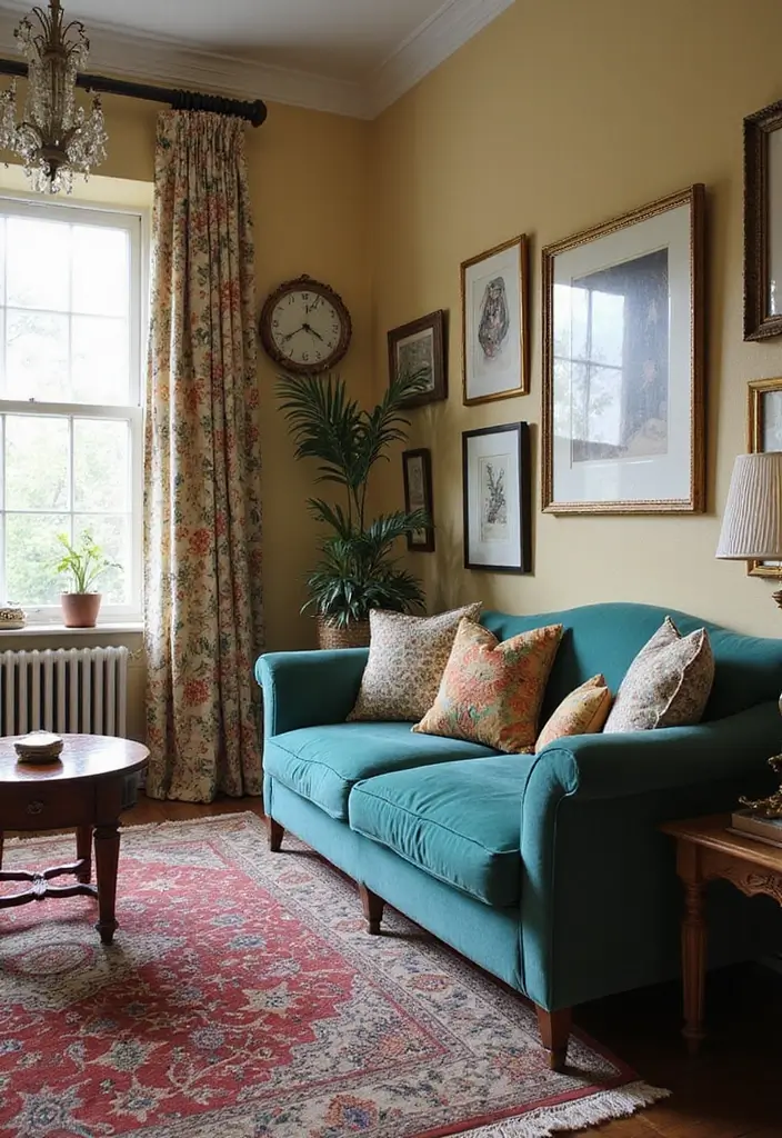 30 Teal Sofa Living Room Decor Ideas - 15. Vintage Patterns 1