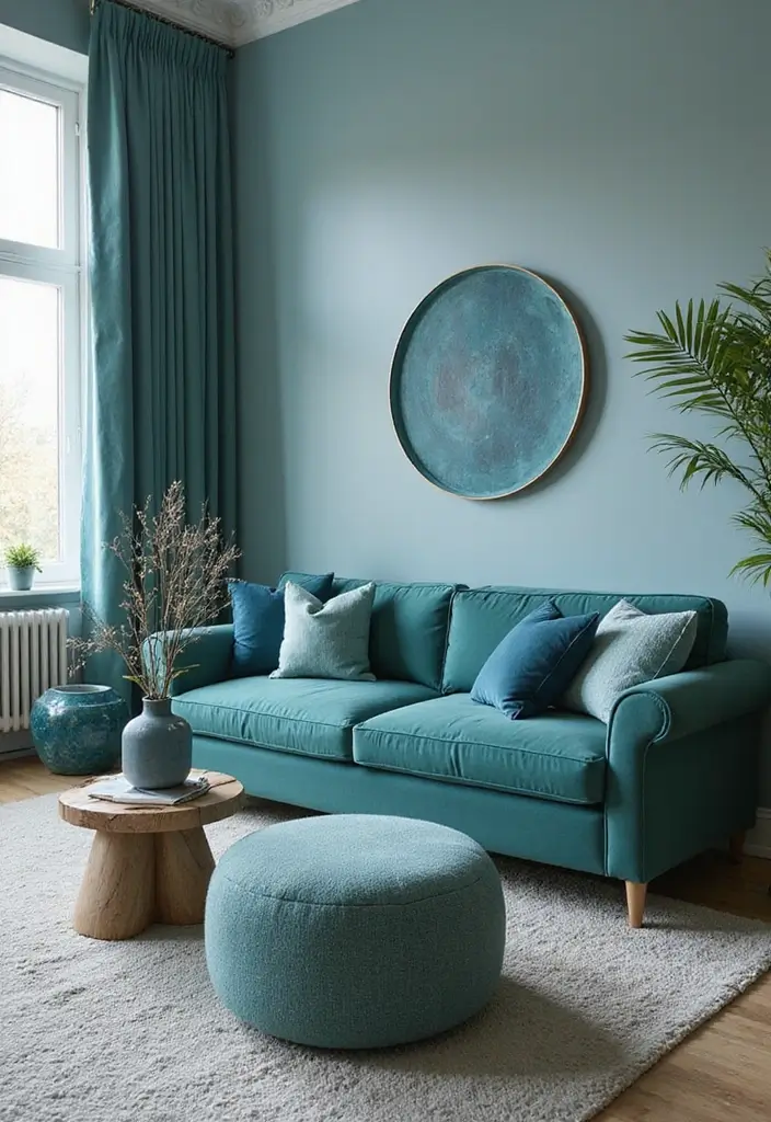 30 Teal Sofa Living Room Decor Ideas - 16. Chic Monochromatic 1