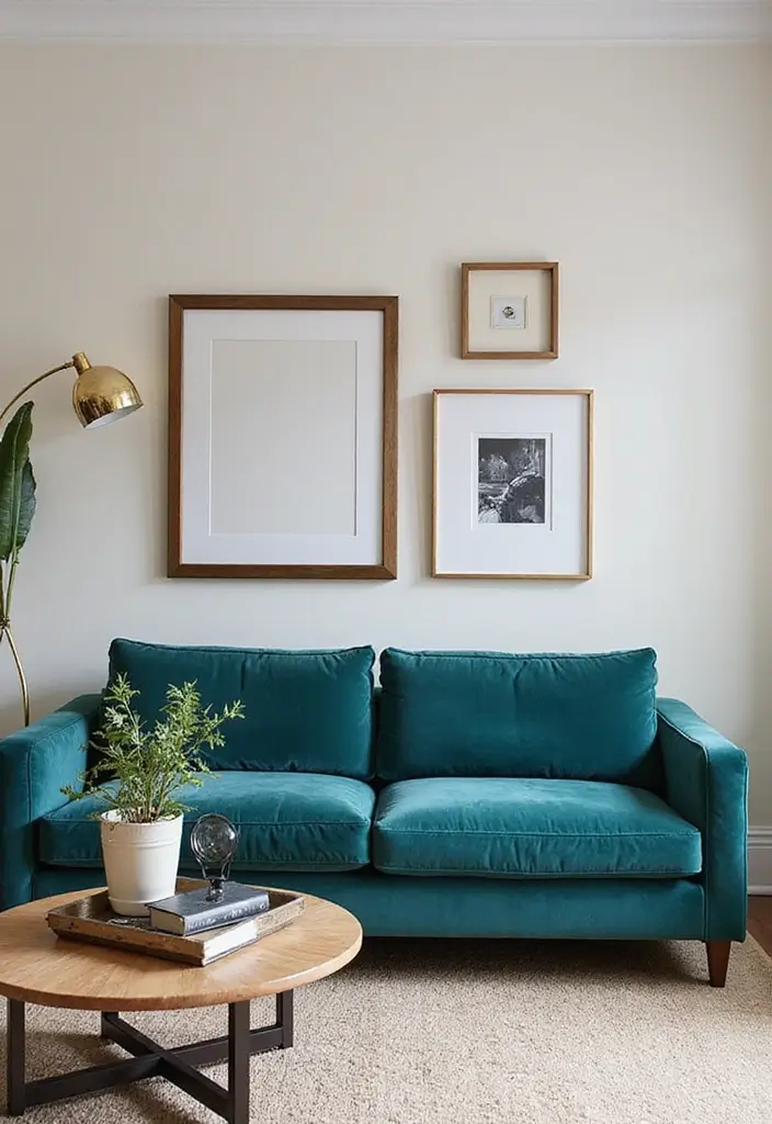 30 Teal Sofa Living Room Decor Ideas - 17. Metallic Accents 1