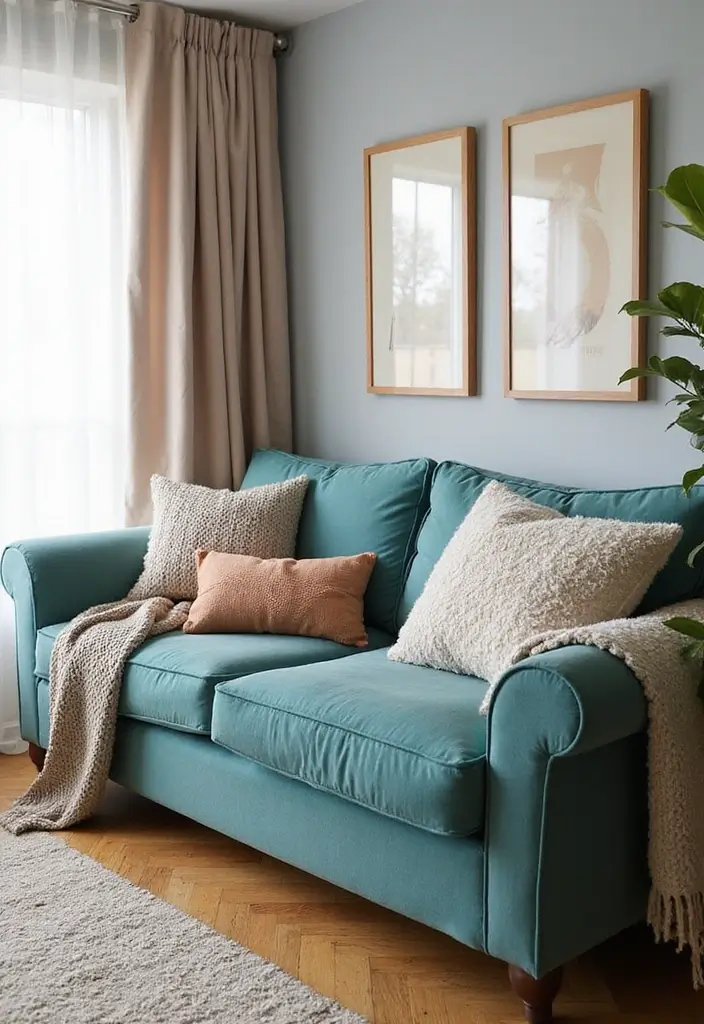 30 Teal Sofa Living Room Decor Ideas - 18. Layered Throw Blankets 1