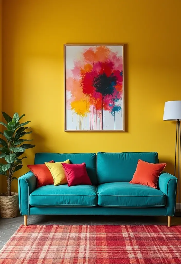 30 Teal Sofa Living Room Decor Ideas - 2. Contrast with Bold Colors 1