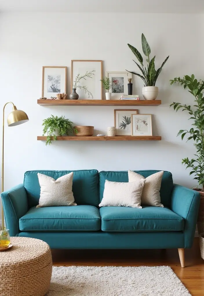 30 Teal Sofa Living Room Decor Ideas - 20. Floating Shelves 1