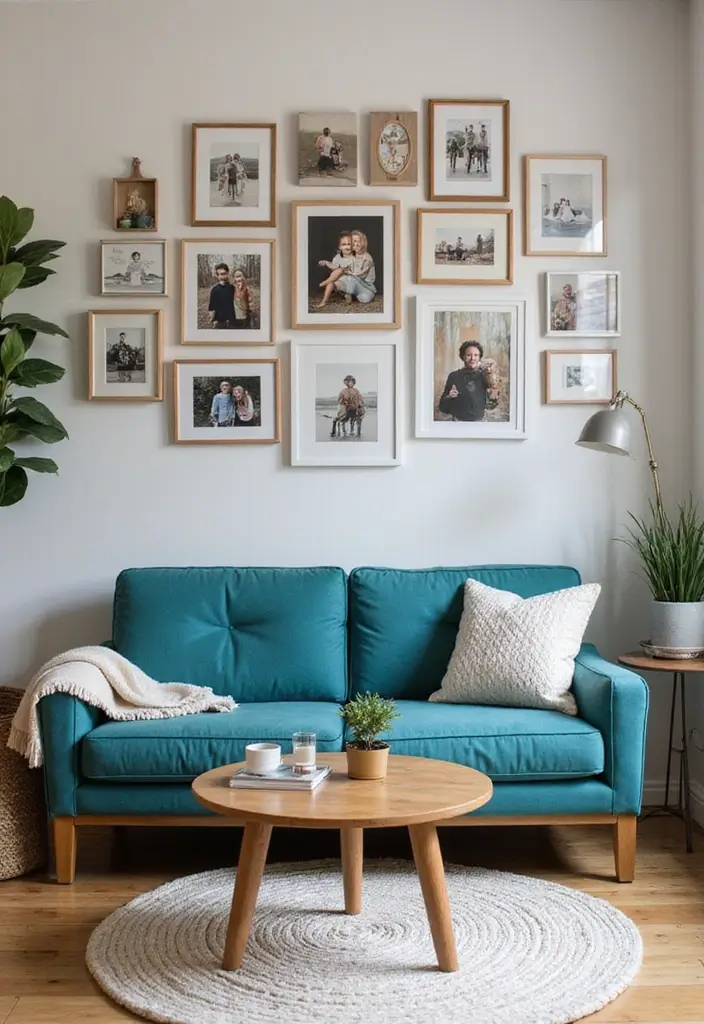 30 Teal Sofa Living Room Decor Ideas - 21. Personal Touches 1