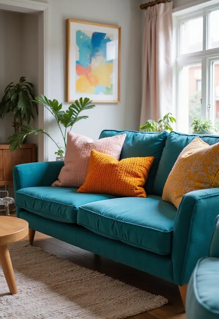 30 Teal Sofa Living Room Decor Ideas - 22. Warm Accent Pillows 1