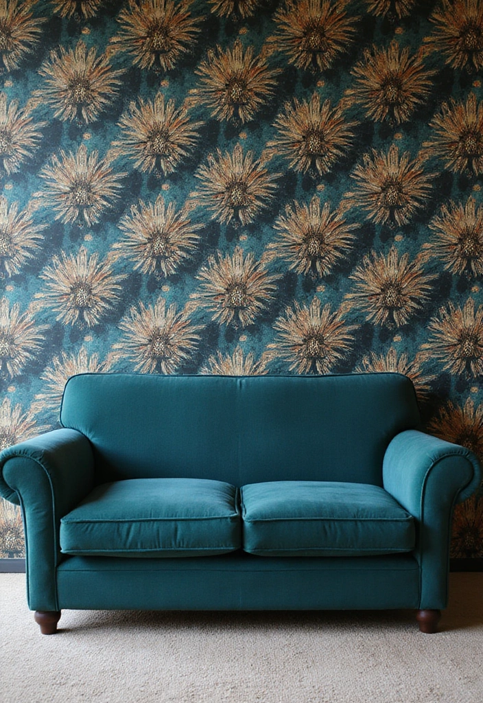 30 Teal Sofa Living Room Decor Ideas - 23. Bold Wallpaper 1