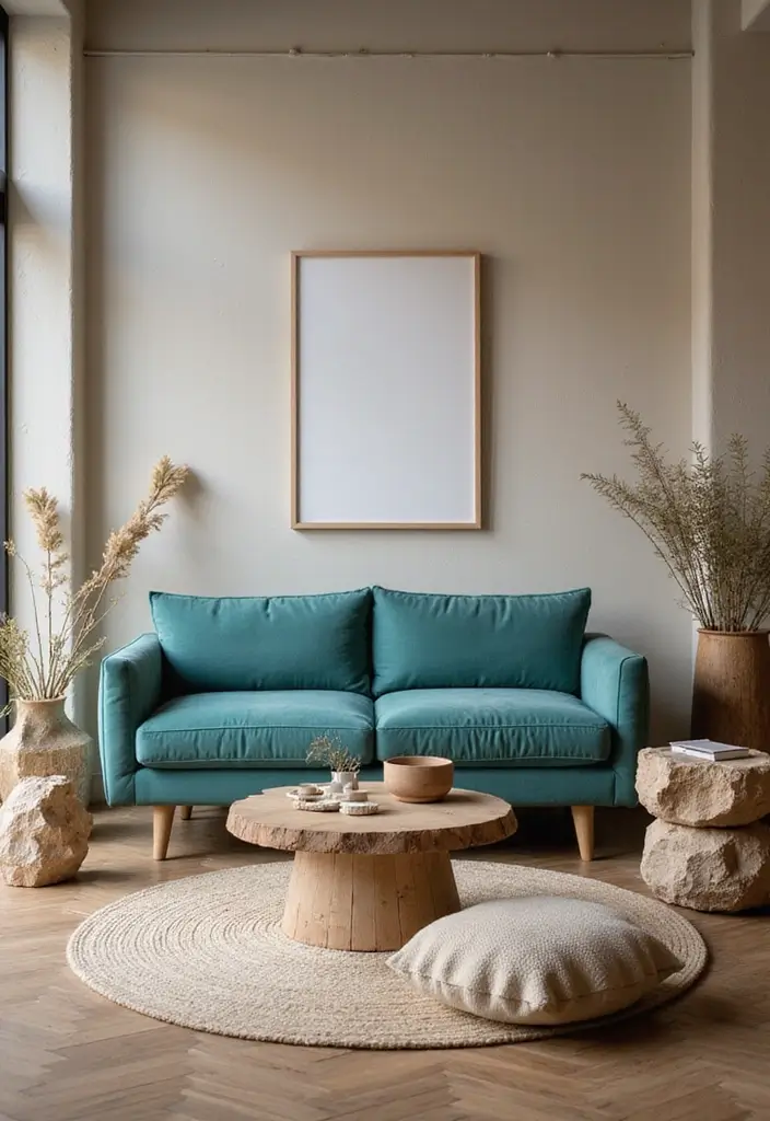30 Teal Sofa Living Room Decor Ideas - 25. Natural Elements 1