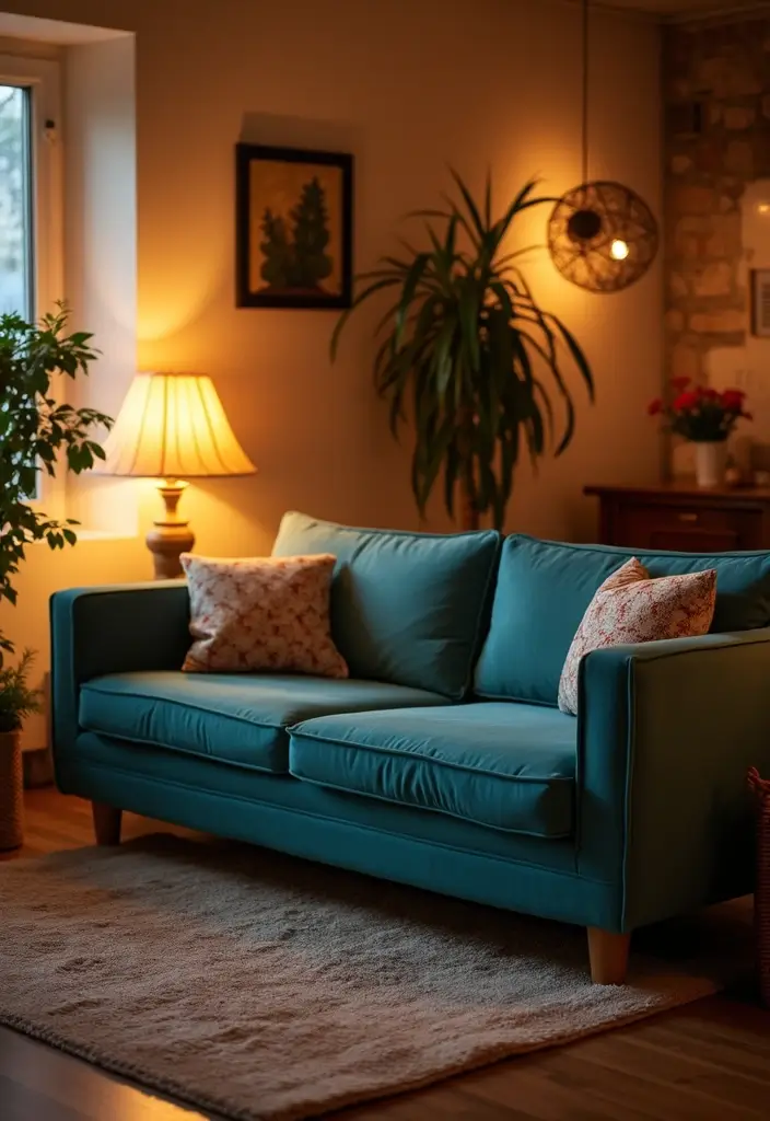 30 Teal Sofa Living Room Decor Ideas - 26. Warm Lighting 1