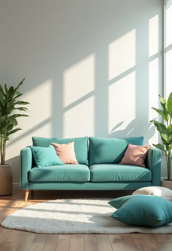 30 Teal Sofa Living Room Decor Ideas - 27. Cheerful Pastel Accents 1