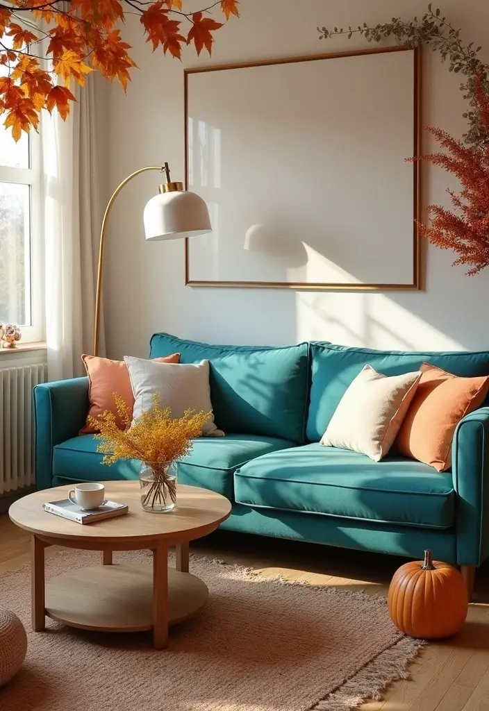 30 Teal Sofa Living Room Decor Ideas - 28. Seasonal Decor 1