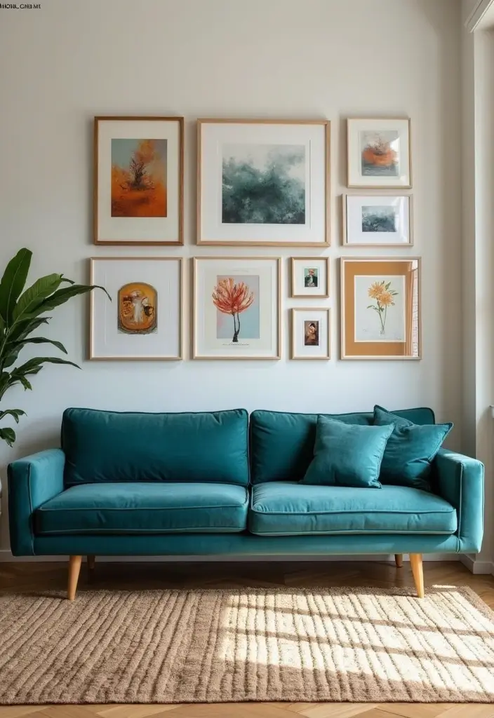 30 Teal Sofa Living Room Decor Ideas - 29. Wall Art Collage 1
