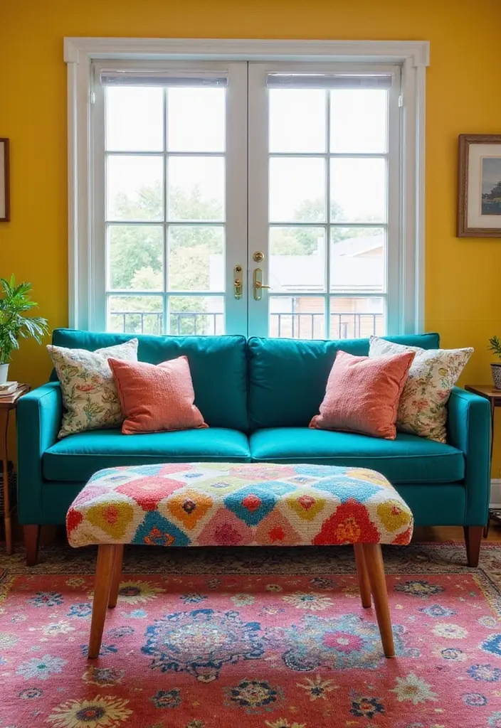 30 Teal Sofa Living Room Decor Ideas - 30. Colorful Ottoman 1