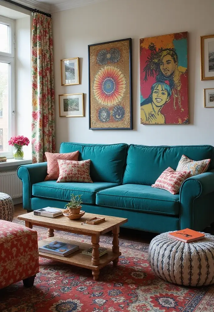 30 Teal Sofa Living Room Decor Ideas - 5. Eclectic Mix and Match 1