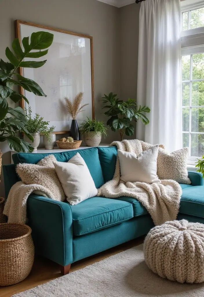 30 Teal Sofa Living Room Decor Ideas - 7. Layered Textures 1