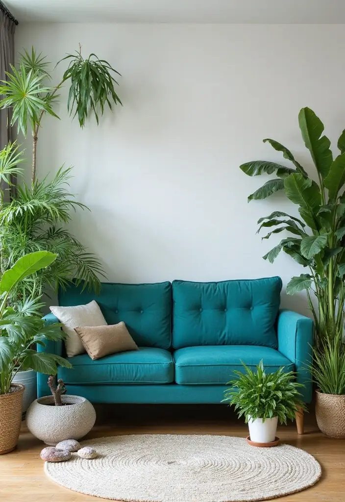 30 Teal Sofa Living Room Decor Ideas - 9. Incorporate Plants 1