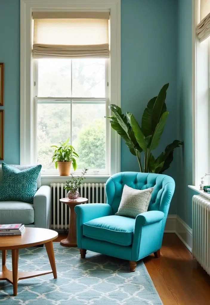 30 Turquoise Living Room Decor Ideas for Bold Style - 14. Vibrant Turquoise Furniture Accents 1