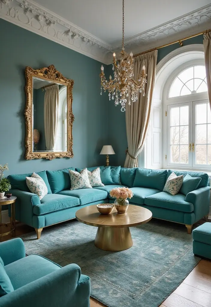 30 Turquoise Living Room Decor Ideas for Bold Style - 15. Turquoise with Metallic Accents 1