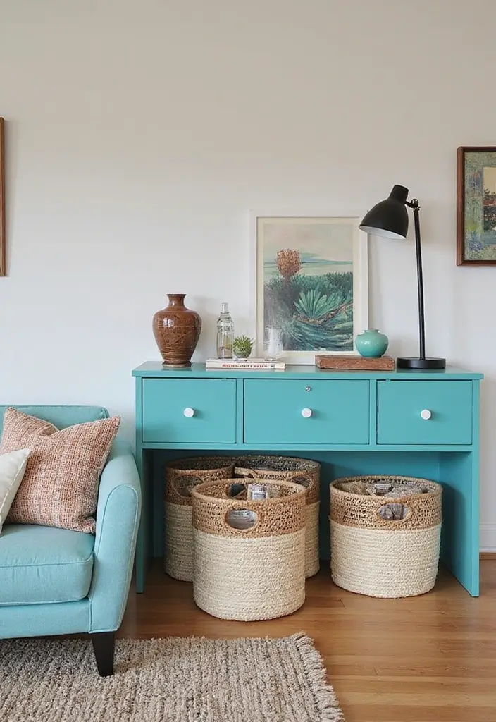 30 Turquoise Living Room Decor Ideas for Bold Style - 17. Turquoise Storage Solutions 1