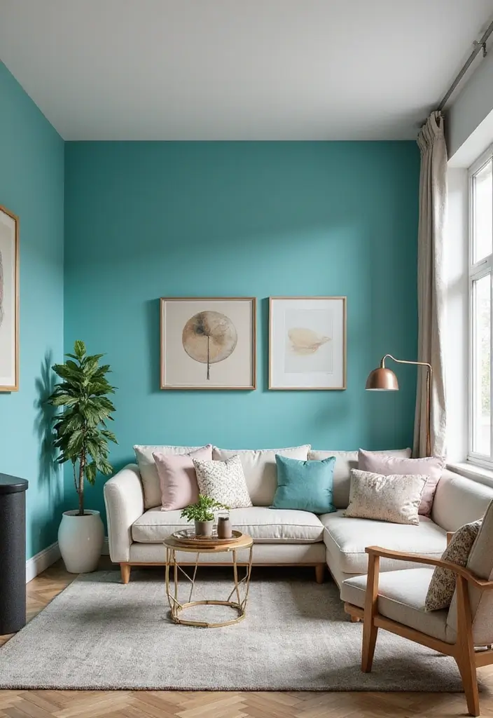 30 Turquoise Living Room Decor Ideas for Bold Style - 2. Accent Wall in Turquoise 1