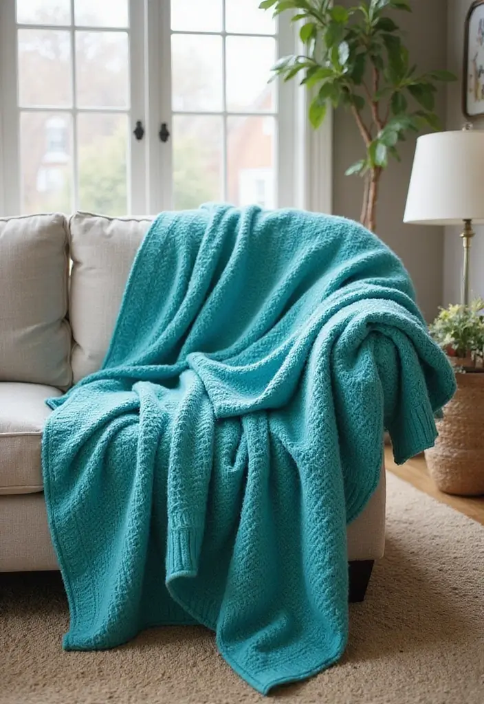 30 Turquoise Living Room Decor Ideas for Bold Style - 20. Turquoise Throw Blankets 1
