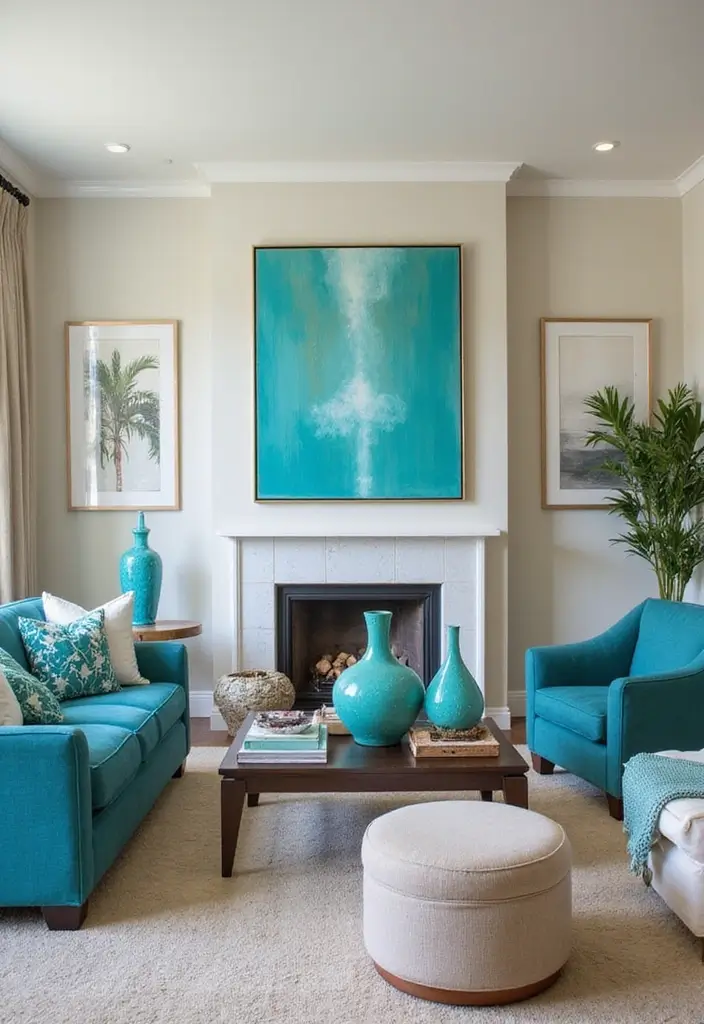 30 Turquoise Living Room Decor Ideas for Bold Style - 21. Artistic Turquoise Decor Items 1