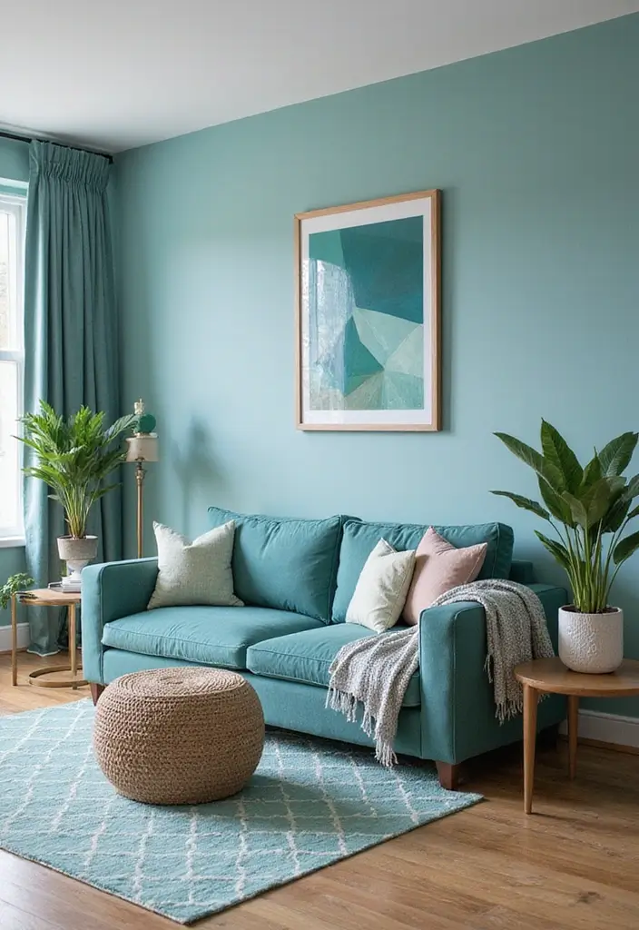 30 Turquoise Living Room Decor Ideas for Bold Style - 24. Turquoise Geometric Patterns 1